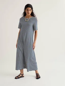 Pure Cotton Striped Round Neck T-Shirt Dress Navy Mix female - Seasalt cornwall - FashionsVida