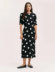 Polka Dot Round Neck Midi Tea Dress Black Mix female
