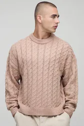Herren Boxy Fit Zopfmuster Strickpullover Taupe Größe Large