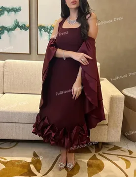 Custom Made Classic Spaghetti Straps Straight Ankle Length Saudi Arab Gown Ruched Backless Pleated Bridal Dress with Cape - Aliexpress - FashionsVida