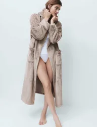 Textured Striped Hooded Dressing Gown Latte female