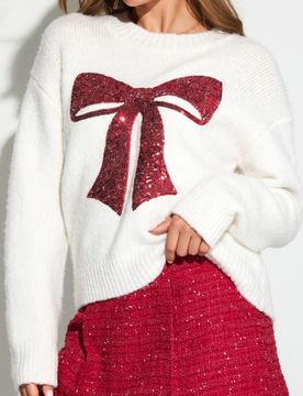 Maglione con applicazione di paillettes a forma di fiocco con miscela di lana - panna