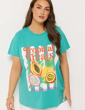 Women's 'Tropical Treats' Beaded T-Shirt in Turquoise Size: 34-36 - Turquoise - Size: 34-36 - Yours - FashionsVida