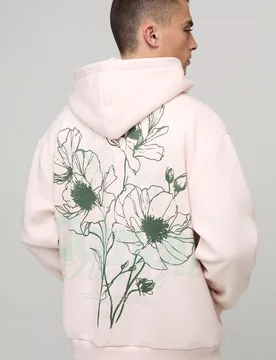 Mens Oversized Floral Graphic Puff Print Zip Through Hoodie - Dusty Pink Cotton - Size X-Small - boohooMAN - FashionsVida
