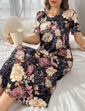 Camisón largo de manga corta con estampado floral para mujer, perfecto para el verano, Moo Moo - Shein - FashionsVida
