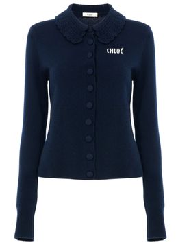 Chloé Guipure-Trim Wool Sweater with Fabric-Covered Buttons and Chest Logo, Size S