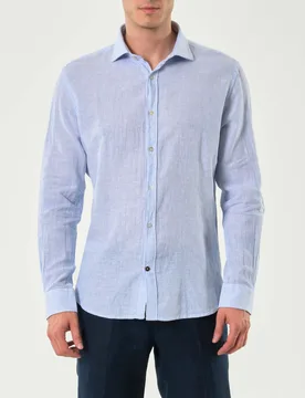 Camicia bastoncino bianco azzurro in misto lino e cotone con colletto alla francese - Alley Docks - FashionsVida