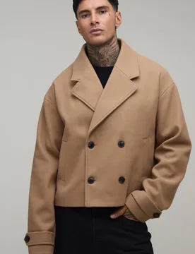 Herren Zweireihiger Melton-Kurzmantel Für Große Größen Camel Größe Small - boohooMAN - FashionsVida