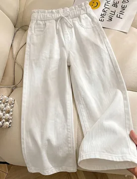 Jeans de mezclilla blancos casuales para niñas y adolescentes, con cintura elástica con cordón, tiro medio, corte holgado, bolsillos, pierna ancha, - Shein - FashionsVida