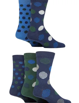 Mens 5 Pair Plain and Patterned Cotton Socks with Gentle Grip Tops Navy / Green Spot 7-11 Mens - Blue - Size: 7-11 Mens - SockShop - FashionsVida