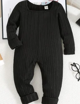 Mono de punto de cuello redondo de manga larga de unicolor, de tela elástica y acanalada, de estilo casual de calle para niñas jóvenes, a juego con - Shein - FashionsVida