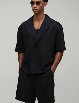 Men's Wrap Linen Look Shirt & Short Set Black Size Small Black S - boohooMAN - FashionsVida