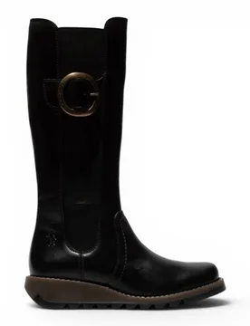 Women's Fly London Leather Knee-High Long Boots - SOIF361 in Black Size: 5 - Black - Size: 5 - Infinity Leather - FashionsVida