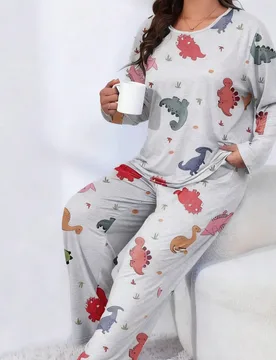Conjunto de pijama con estampado de dinosaurio cómodo para mujer de talla grande - Tela suave de mezcla de poliéster y spandex, top de manga larga y - Shein - FashionsVida
