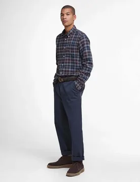 Camicia tartan check marrone e blu in flanella di puro cotone con collo button down - Barbour - FashionsVida