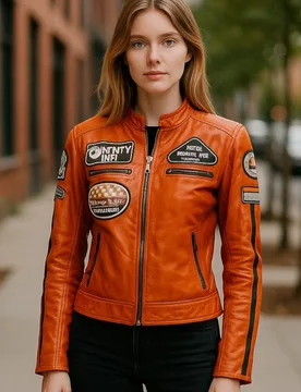 Womens Orange Biker Racing Badges Jacket-Eastleigh Lamb Leather - Size 16 Uk - Infinity Leather - FashionsVida