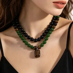 Tiger Eye Square Pendant Necklace Luxurious Beaded Pendant Necklace for Men Women
