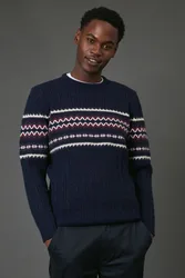 Mens Navy Cable Christmas Jumper Cotton - Size X-Large