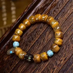 Natural reflux bone old copper ten-thousand inlaid barrel beads cultural toys strings single round Tibetan retro yak bone horse