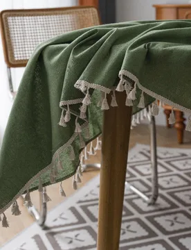 Pieza Mantel rectangular verde, mantel de mezcla de lino con flecos en estilo granja bohemia americana, adecuado para comedor, cocina, mesa, alfombril - Shein - FashionsVida