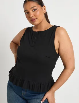 Womens Plus Button Down Ruffle Hem Top - Black Cotton - Size 28 Uk - Boohoo - FashionsVida