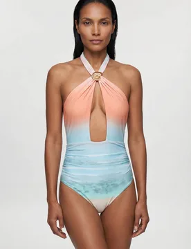 Women's Sunset Placement Print Swimsuit in Blue Size: Large - Blue - Size: L - Karen millen - FashionsVida