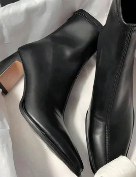 Botas de tobillo con parches en marrón para mujeres, tacón alto y grueso con cremallera trasera y punta cuadrada, nuevo estilo de botas elásticas y - Shein - FashionsVida