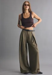 Wide-Leg-Hose mit Abnähern und Gürtel Khaki 34