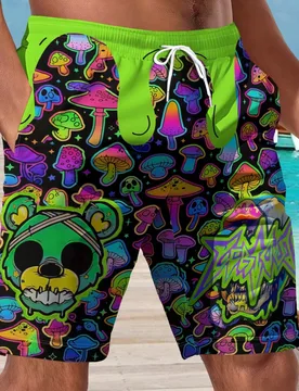 Pantalones cortos de verano para hombre con estampado 3D de oso y seta, de estilo hawaiano - Shein - FashionsVida