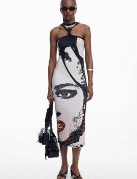 Robe midi ajustée Visage, Coton, Noir, L
