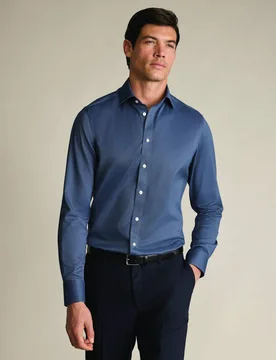 Slim Fit Non Iron Pure Cotton Twill Shirt Blue Denim male - Charles Tyrwhitt - FashionsVida