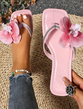 Sandalias de dedo con diseño de flores de strass falsas y suela plana para mujer de talla grande de la UE, chanclas - Shein - FashionsVida