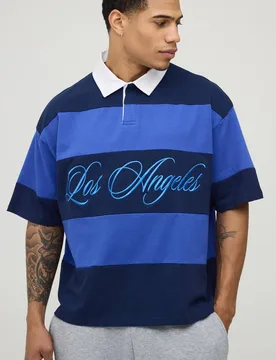 Men's Los Angeles Stripe Rugby Short Sleeve Polo Navy Size Medium Navy M - boohooMAN - FashionsVida