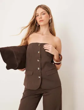 Womens Bandeau Detail Waistcoat Co-Ord In Chocolate Brown - Size 44 (Chest) - Vila - FashionsVida