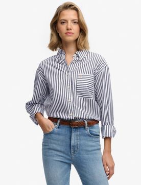 Superdry Damen Poplin Langarmhemd mit Lockerer Passform Navy - Größe: 38