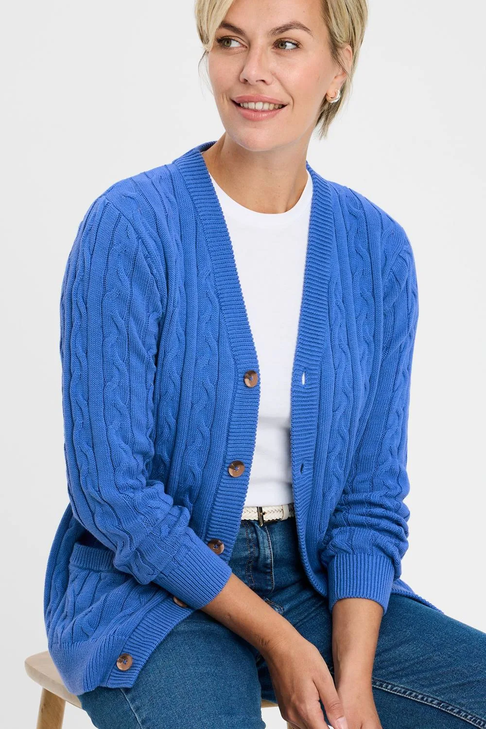 Cotton Cable Button Through Cardigan Sweater - Mid Blue - Size: 3XL - Cotton Traders - FashionsVida