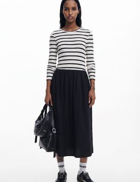 Vestido midi combinado, Mujer, Negro, XS