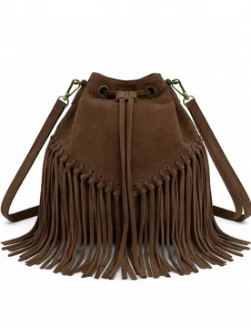 Drawstring Closure Soft Real Suede Leather Boho Fringe Bucket Bag - Dark Brown - Size: One Size - Kitise - FashionsVida