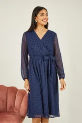 Womens Navy Dobby Spot Long Sleeve Wrap Over Midi Dress - Size 8 Uk