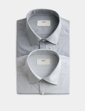 Pack Regular Fit Easy Iron Striped Shirts Green Mix male - M&S - FashionsVida
