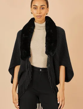 Women's Black Fur Collar Shrug With Tassel Hem Size: Small/Medium - Black - Size: S/M - Yumi - FashionsVida