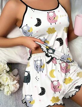 Conjunto de pijama de 2 piezas para mujer con estampado de ovejas, luna y nubes, con volantes de lechuga, top con lazo delantero y espalda descubierta