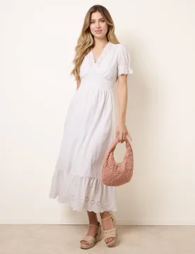 Embroidery Detail V-Neck Dress - S / IVORY - female - Blue Vanilla - FashionsVida