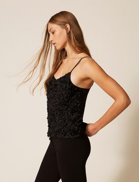 Top en crêpe de Chine et tulle avec fleurs