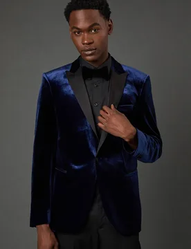 Men's Navy Velvet Slim Fit Tuxedo Jacket Size: 40R - Navy - Size: 40R - Burton - FashionsVida