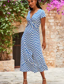 Womens White & Blue Geometric Stripe Print Twist Front Maxi Dress - Size 6 Uk - Sosandar - FashionsVida
