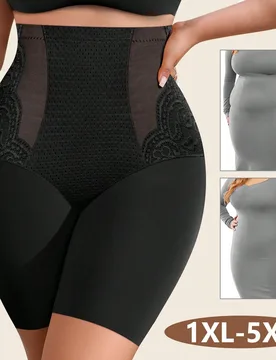 Bragas de cintura alta talla grande para mujeres, pantalones cortos moldeadores sin costuras con control de abdomen, encaje y malla transpirable, para - Shein - FashionsVida