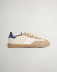 Sneakers beige in pelle con inserti in suede e logo impresso