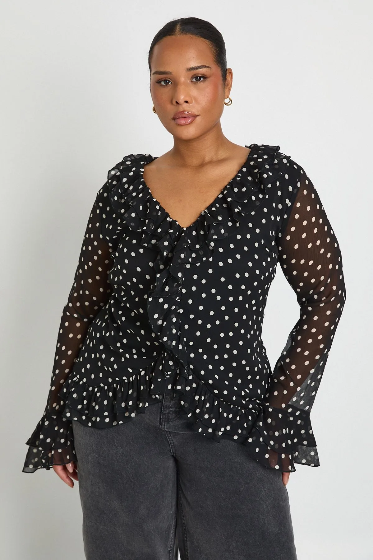Womens Plus Chiffon Polka Dot Ruffle Top - Black - Size 22 Uk - Boohoo - FashionsVida