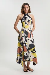 Womens Petite Abstract Print Viscose Linen Woven Halter Neck Maxi Dress - Multicolour - Size 12 Uk